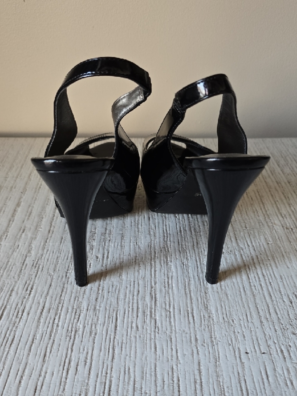 G by Guess Black Patent Peep-Toe Slingback Wedges - Picture 4 of 10